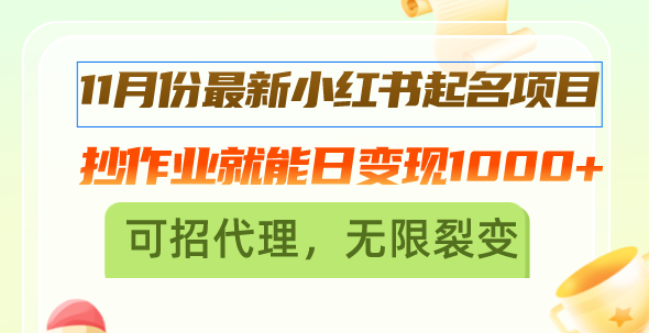 11月份最新小红书起名项目，抄作业就能日变现1000+，可招代理，无限裂变-课程网