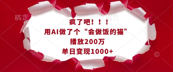 疯了吧！用AI做了个“会做饭的猫”，播放200万，单日变现1k-课程网